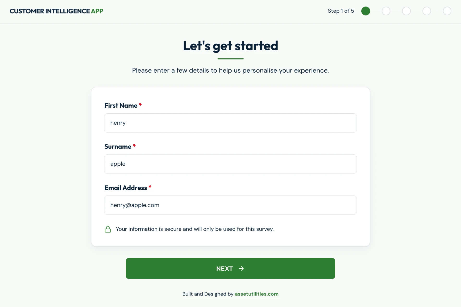 Step 1 is their name and email address.
